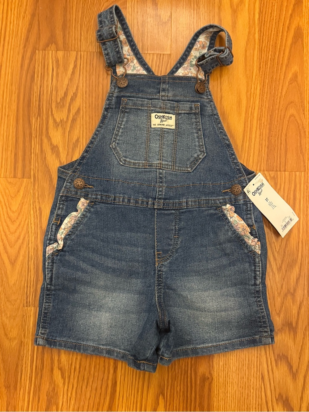 OshKosh B'gosh Blue Denim Short Overalls with Floral Trim